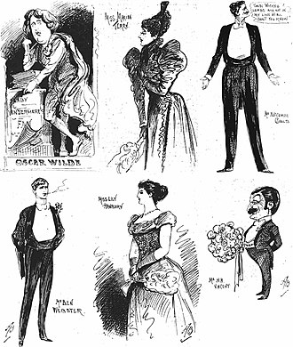 caricatures of the author and five characters from the play