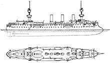 Simple sketch of a ship with a bulbous bow, two large masts, three smoke stacks, and four elliptical sponsons projecting from the sides of the vessel to carry the guns.