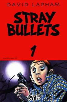 The cover has a large banner at the top reading "STRAY BULLETS" with a band in the bottom third that has a drawing of a man with a revolver looking scared under the moon.