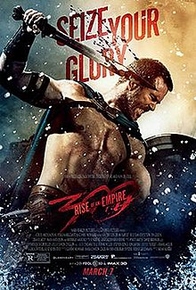 In this movie poster, a bare-chested Thermistocles (Sullivan Stapleton) is shown in the midst of battle, his face in combat rage. He carries a shield in his left hand, a bloodied short-sword in his right, and is stabbing downwards at an unseen enemy to the right. In the background floats the movie catch phrase, "Seize Your Glory".