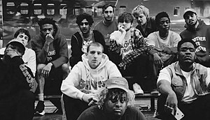 Brockhampton pictured in 2019; clockwise from left: Dom McLennon, Matt Champion, Kevin Abstract, Romil Hemnani, Robert Ontenient, Bearface, Joba, Merlyn Wood, Kiko Merley, Jabari Manwa, Henock Sileshi, Jon Nunes