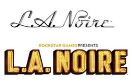 The top image displays the original logo: "L.A. Noire", written in shiny, cursive, silver-and-black font. The bottom displays the final logo: "ROCKSTAR GAMES PRESENTS" above "L.A. Noire", which is written in a much thicker, yellow-and-black font.