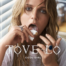 An image of a brunette woman licking a cream-filled baked good; at the lower center, the words "Tove Lo" and "Cool Girl" are printed in white stylized typefaces.