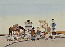 Painting of tourists examining a Navajo weaving held up by a women with her daughter nearby