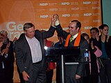 Former NDP Leader Howard Hampton and Paul Ferreira accepting victory in the York south–Weston by-election