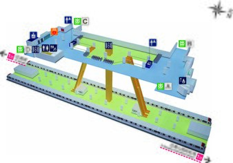 A computer-illustrated diagram of Longxiangqiao station. The diagram features a concourse and an island platform with two tracks.
