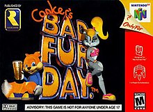 8/10ths of the cover consist of a black background. Imposed onto it is the text "Conker's Bad Fur Day" in the middle (with "Conker" in chalk form and "Bad Fur Day" in a comic 3D font), with an angsty brown squirrel in a blue shirt drinking beer and a gray anthropomorphic chipmunk with yellow ponytail hair in purple tights and a bra standing and sitting beside the text. On the top left is a blue 3D rectangle with a yellow stylish R and the text "Rareware" on it, with white text "Provided by" above the rectangle. Below the squirrel and the chipmunk is a horizontal white rectangle with black text in all caps: "ADVISORY: THIS GAME IS NOT FOR ANYONE UNDER 17". On the right is a tall, red rectangle with its top peeled to show a cubed, colourful N shape below text saying "Nintendo 64," both imposed onto a white box within a yellow background and next to a paper peel with the red text "Only on ↑" on it. Below the peeled graphic is white-lined symbols of a Rumble Pak and an Nintendo 64 controller, with white text below each indicating the name of the object, and a square mostly made up by a slanted, bolded black "M" letter, with the text "ESRB" below it.