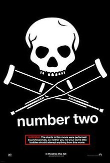 In a black background, a skull with two crunches crossing each other, bearing resemblance of a poison pictogram. Below it, the films titles with the word "Jackass" missing in the poster followed by a warning regarding to stunts performed in the film.