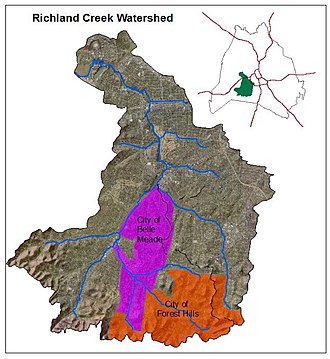 Richland Creek, Nashville, Tennessee, with satellite cities shown