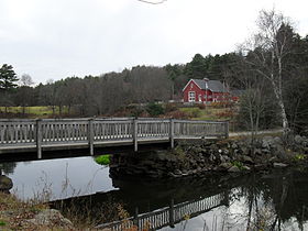 River Bend Farm, Blackstone River and Canal State Park, from canal path looking toward bridge and interpretive center.