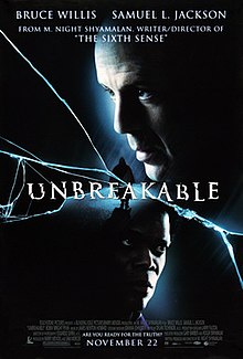 Movie poster showing the head of a man on the top right looking to the left. At the center of the image is the same man wearing a raincoat, as the film's title overlaps him. At the bottom of the image is the head of another man looking to the right. Cracks are shown across the image. Text at the top and bottom of the image lists the starring roles, the credits, and the tagline.