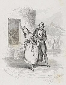 drawing of young man and young woman in 18th-century costume, in a stage setting with countryside in the background