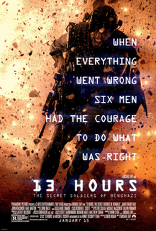 A soldier running from an explosion, fire and dirt in the air. Text is overlaid in large white block letters "When everything went wrong six men had the courage to do what was right"