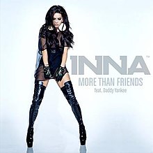 Photograph of Inna posing in front of a white backdrop wearing a black top along with black latex boots. The title of the song and its artists are shown on the right.