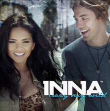 Photograph of Inna holding hands with a man. Information about the song is superimposed on them.