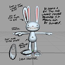 A screenshot of an anthropomorphized rabbit in a 3D model viewer. The image is annotated in pencil, with modifications drawn over the character to indicate required changes to ear position, arm length and feet shape.