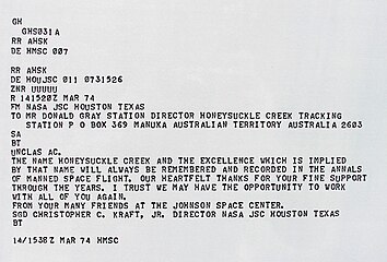 Copy of telex sent to Director of Honeysuckle Creek tracking station