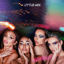 The members of Little Mix posing for the camera with a blurred photograph and smears of colours in the background