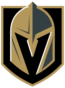 A Black and gold shield and white borders. Inside the shield, a Golden barbute helmet with a V-shaped opening.