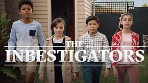 Title card of The Inbestigators depicting Kyle Klimson, Maudie Miller, Ezra Banks and Ava Andrikides walking towards the screen which has the words "THE INBESTIGATORS" written across it