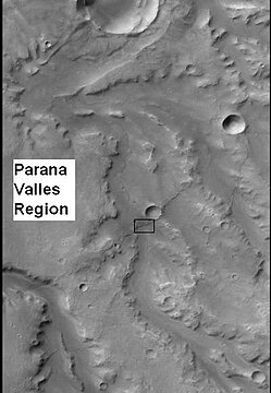 CTX context image for next image that was taken with HiRISE. Note long ridge going across image is probably an old stream. Box indicates area for HiRISE image.