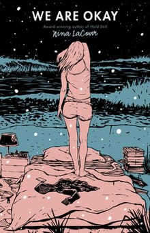 Book cover for *We Are Okay* by Nina LaCour: A girl stands on a bed outside at night, raising her arm. Surrounded by books, with a starry or snowy sky above.