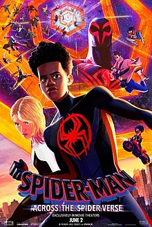 Behind Miles Morales (Spider-Man) and Gwen Stacy (Spider-Woman), various other Spider-People from the Spider-Society exit out of a portal into New York City, with an image of Miguel O'Hara (Spider-Man 2099) in the background.