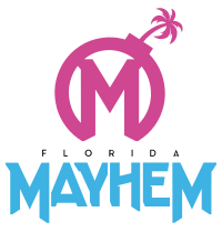 The logo for the Florida Mayhem features a stylized bomb circumscribed around the letter 'M' with a palm tree-shaped fuse.