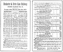 Rochester and State Line Railway timetable of 8 October 1877. The name, J E Child, sometimes appears as J E Childs.