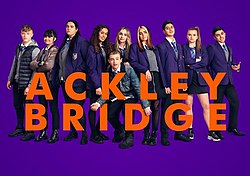Six people seated or standing in the fictional Ackley Bridge College hallway