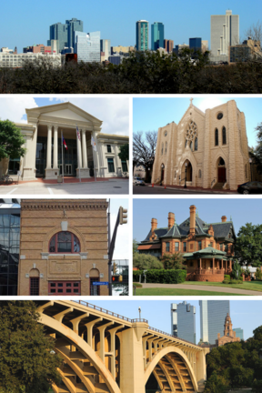 Top to bottom, left to right: Downtown, Fort Worth Public Library, St. Patrick Cathedral, Fort Worth Fire Station No. 1, Eddleman–McFarland House, and Paddock Viaduct