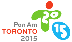 A stylized person with agreen torso and red head with the number 20 on the body, a stylized blue ball with a 15 on it beside the person, PanAm Toronto 2015 written to the left of scene