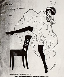 young white woman in frilly skirt doing a can-can step, with one leg sweeping over a chair