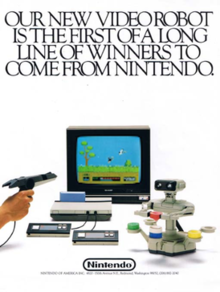 This gameplay diorama features an NES prototype with top-loaded Famicom cartridge, AVS style controllers, and R.O.B. The caption says, "Our new video robot is the first of a long line of winners to come from Nintendo".