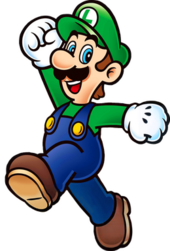 2D art of a cartoon plumber with a mustache, a large round nose, a green cap with the letter L, a green shirt, indigo overalls, and brown shoes.