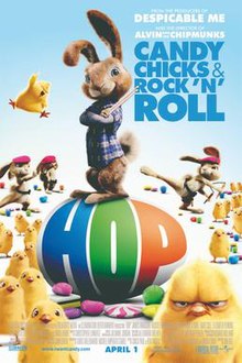 A bunny standing on top of an egg with the word "HOP" written with the letters colored blue green and orange