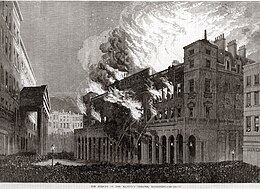 drawing from the street showing huge flames coming from the front and top of the theatre