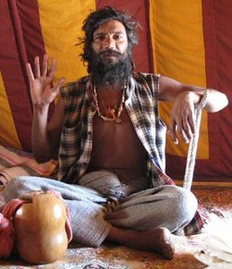 Stambha meditation crutch in use by a yogi at the Kumbh Mela, Haridwar, in 2010. Detail of photograph by James Mallinson[6]