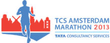Logo of a skyline and a runner next to the texts "TCS Amsterdam Marathon 2013" and "Tata Consultancy Services"