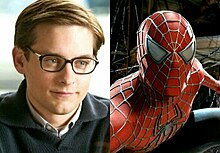 Tobey Maguire dressed as Peter Parker and in costume as Spider-Man on film
