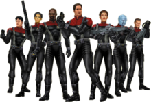Seven characters wearing armored versions of the Star Trek: Voyager uniforms and carrying a variety of futuristic weaponry. Among their number are two women and a blue-skinned alien.