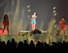 A color photograph of Marina performing live with backup singers and singing into a microphone.