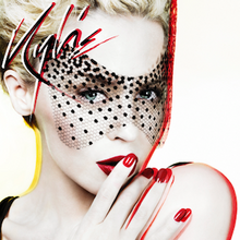 An image of Minogue posing with a fishnet veil. She wears bold red lipstick and nail polish, with her right hand slightly covering her lips.