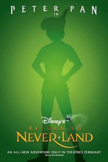 A silhouette of Peter Pan in a green background casting a glow.