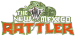 A script of the text "The New Mexico Rattler", with ascending letter size from "The", then "New Mexico", to "Rattler". "The New Mexico" is colored white with a green border, while the word "Rattler" features red text with a green outline. A green scaled rattlesnake is depicted between the words "New Mexico", mouth open with venomous features prominent.