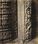 Photograph titled, "Close view of carved figure of Ganga at base of pillar of gopura of the Narasimha Temple, Ahobilam," photographer unknown, but taken for the Archaeological Survey of India. Date of photograph 1875. Date of sculpture: mid-16th century. Ganga is standing on Makara an aquatic monster.