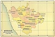 Political map of Mysore and Coorg region in 1625. It shows over a dozen principalities, the largest among which are: Mysore in the south, Bednur in the northwest, Chitaldroog in the north, and Kolar and Bangalore in the east.