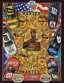 The 2003 Samsung/RadioShack 500 program cover, with artwork by NASCAR artist Sam Bass. The painting is called "Most Wanted!"