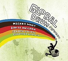 A human figure, kneeling, playing a large drum, and singing, with the four drummers' names appearing in a rainbow