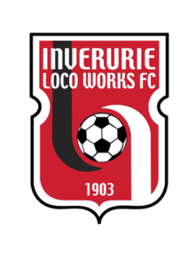 A red shield with text and border in white. At the top 'Inverurie Loco Works FC' is written and at the bottom '1903'. In the centre is a black and white Soccer ball.